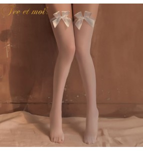FEE ET MOI Bow Thigh High Stockings (White)